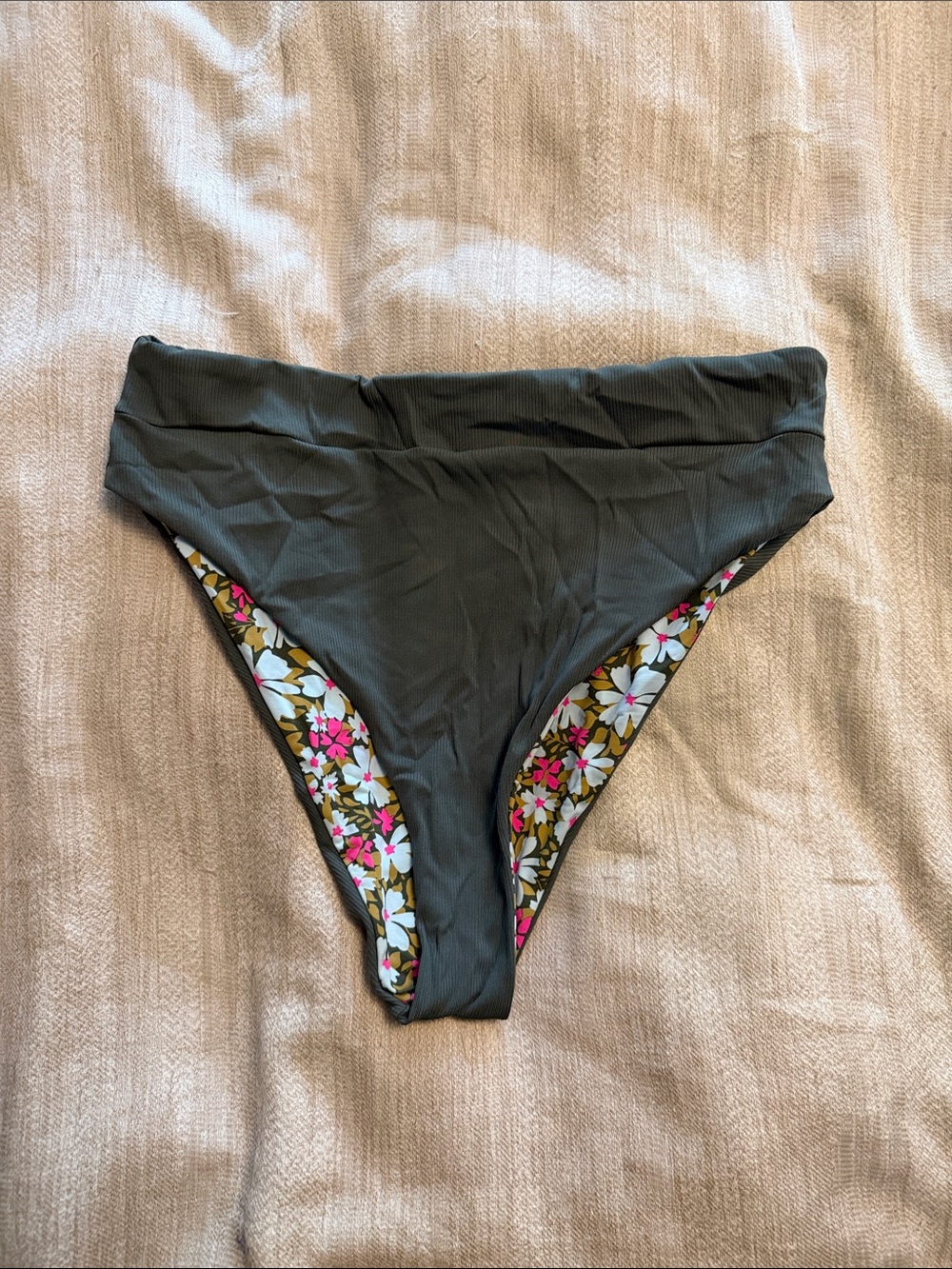 Maaji Olive Green/Floral Reversible High-Waisted Bikini Bottom